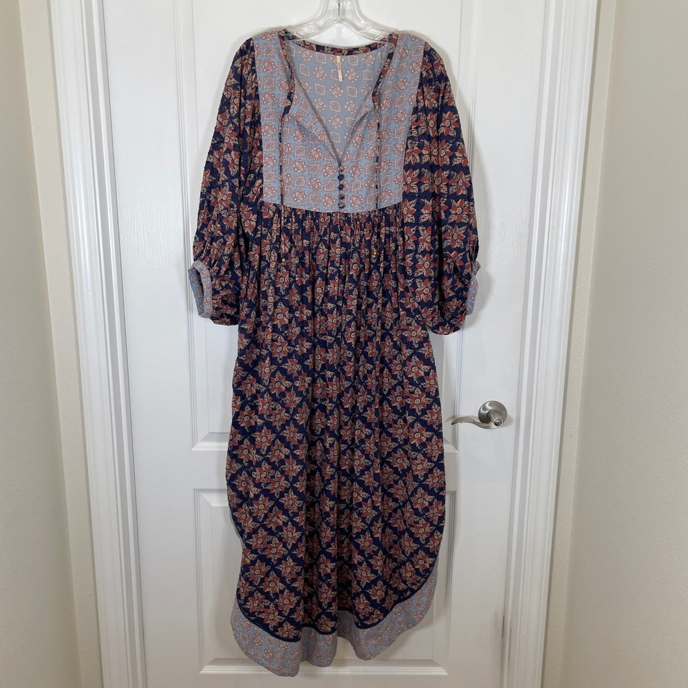 Free People Hazy Maisy Dress Maxi Indigo Combo Floral Paisley Boho Puff Sleeve S - Picture 2 of 10